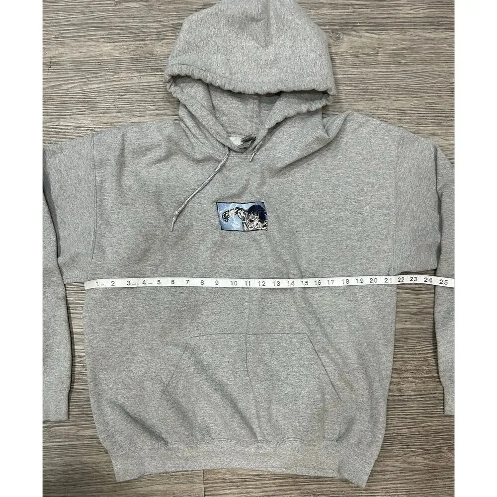 Gildan Heavy Blend Anime Hoodie Mens Large Gray Embroidered Graphic Sweatshirt